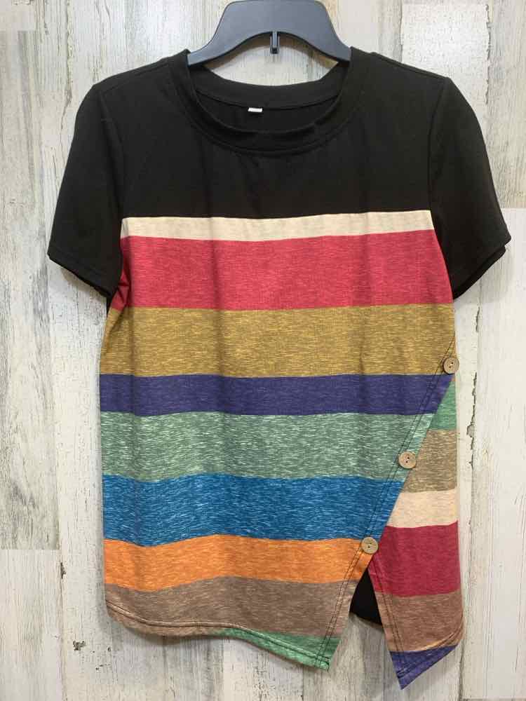 PRE-OWNED Tops Size M BLACK/RED/YELLOW/CREAM/BLUE/PURPLE STRIPES Shirt/SHORT SLE