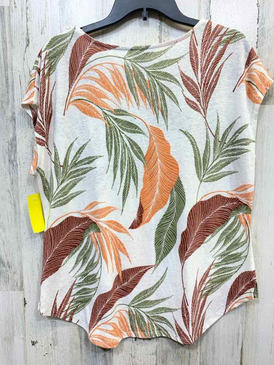 PRE-OWNED ORVIS Size M GRN/ORG LEAF PRINT SHORT SLEEVES Blouse/SCOOP NECK LIGHTW
