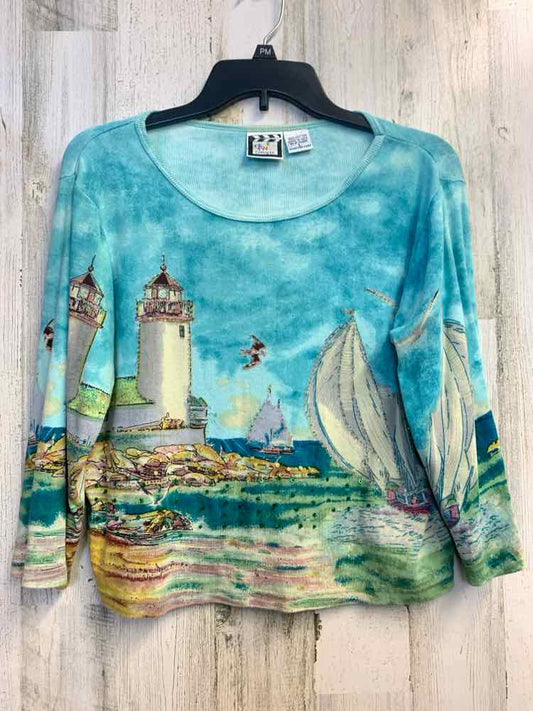PRE-OWNED TAKE TWO Tops Size L BLU/WHT LIGHTHOUSE LONG SLEEVES TOP