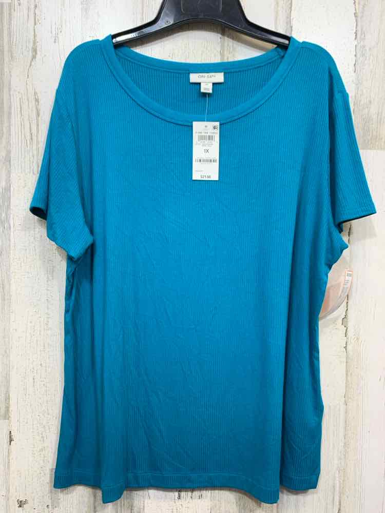 NWT ON 34TH Tops Size 1X Teal RIBBED SHORT SLEEVES Blouse