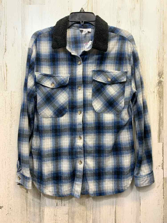 NWT JUST POLLY Tops Size M BLK/GRAY/BLU Plaid LONG SLEEVES Shirt
