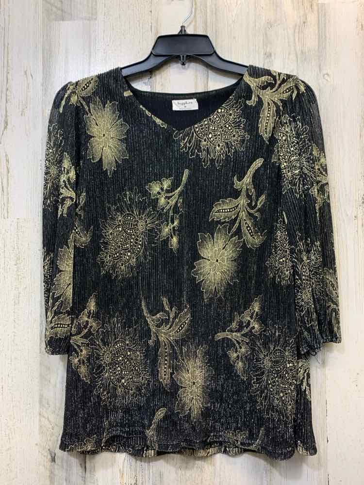 SAPPHIRE Tops Size M BLK/GOLD Floral 3/4 LENGTH TOP