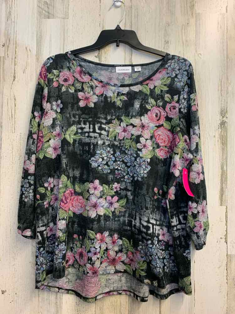 PRE-OWNED I.B.DIFFUSION PLUS SIZES Size 2X BLK/WHT/PNK Floral 3/4 SLEEVE TOP