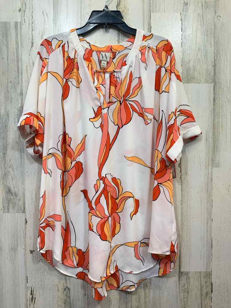 PRE-OWNED WORTHINGTON Tops Size XXL WHITE/ORANGE/AQUA Floral SHORT SLEEVES TOP/V