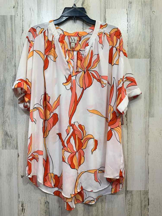 PRE-OWNED WORTHINGTON Tops Size XXL WHITE/ORANGE/AQUA Floral SHORT SLEEVES TOP/V