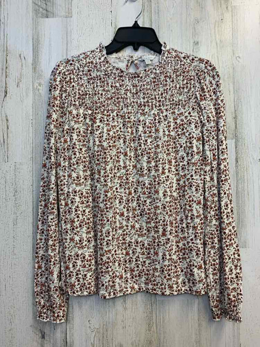 PRE-OWNED LUCKY BRAND Tops Size XS WHITE/BROWN/BURGANDY SMALL FLOWER(S) TOP