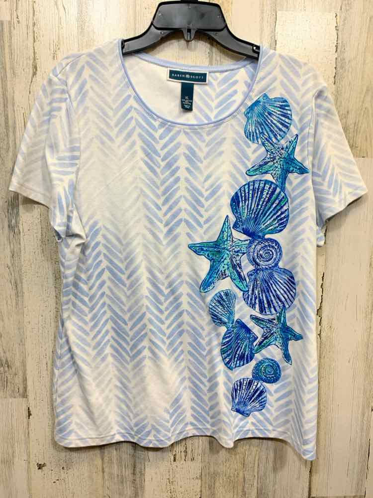 PRE-OWNED KAREN SCOTT Tops Size XL WHT/BLU SEASHELLS SHORT SLEEVES Blouse