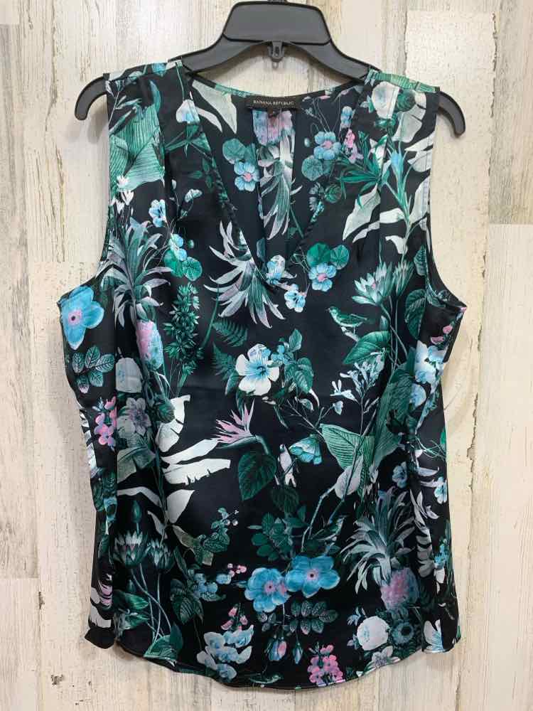 PRE-OWNED BANANA REPUBLIC Tops Size L BLACK/AQUA/PINK/GREEN TROPICAL Blouse/SLEE