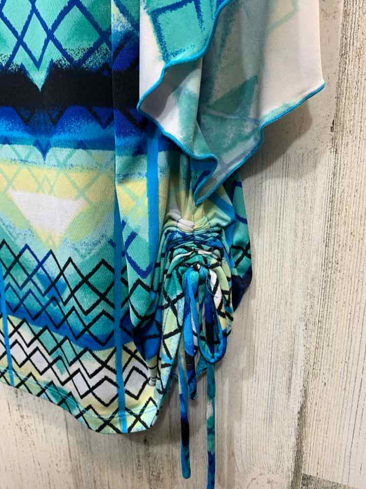 PRE-OWNED STYLE & CO Tops Size XL BLUE/BLACK/AQUA/YELLOW ABSTRACT RUFFLE Shirt/R