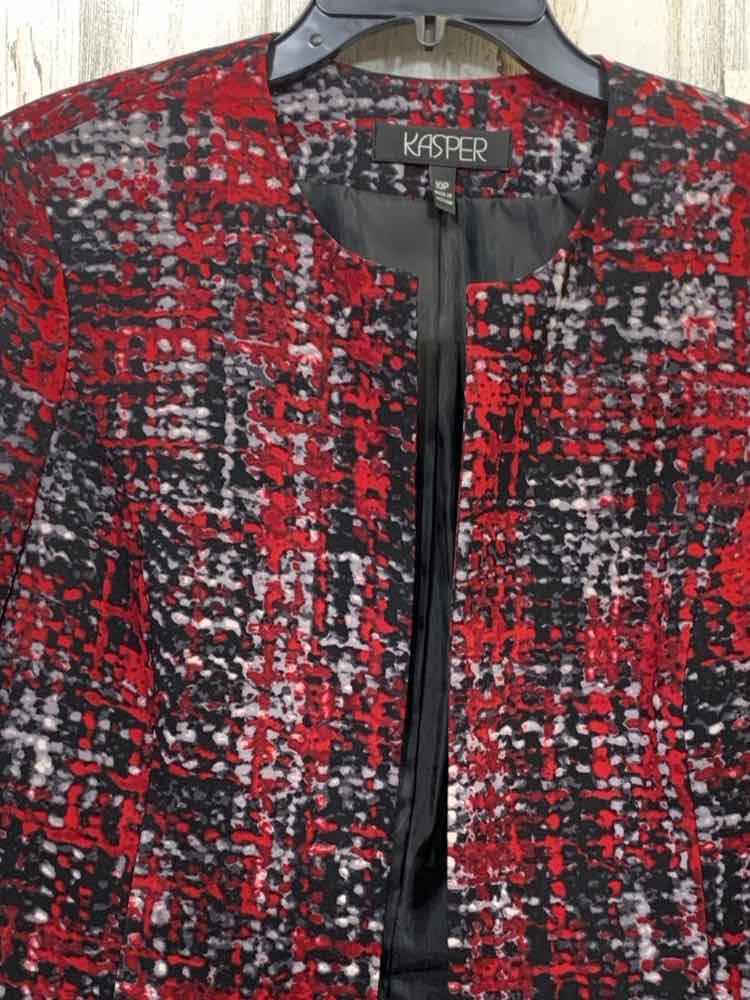 PRE-OWNED KASPER JACKETS / COATS Size 10P RED/BLACK/GRAY DIGITAL SQUARES Jacket