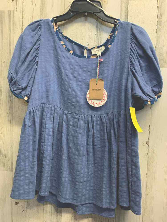 NWT UMGEE Tops Size S Blue PUFF SLEEVES Blouse/SCOOP NECK CONTRAST DETAIL