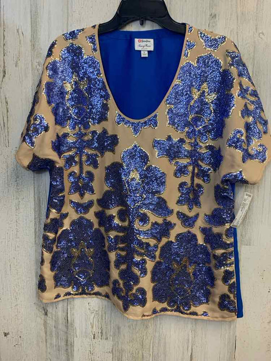 PRE-OWNED TRACY REESE Tops Size L TAN/BLUE SHORT SLEEVES TOP