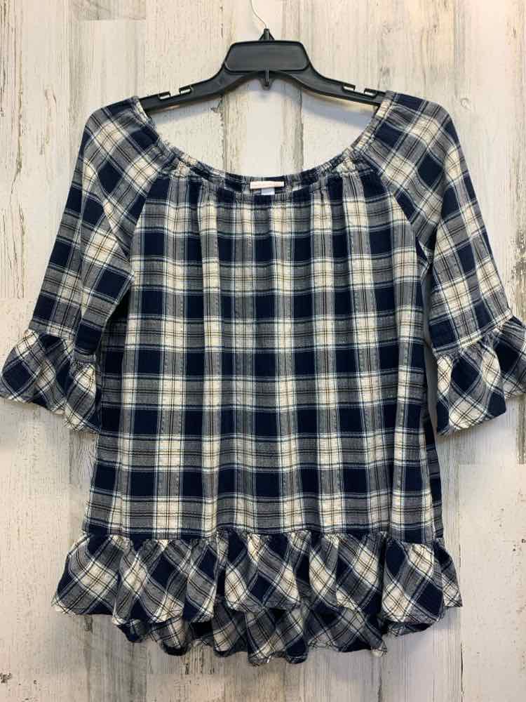 PRE-OWNED WESTPORT 1962 Tops Size XL NAVY/WHITE/GOLD Plaid 3/4 LENGTH TOP