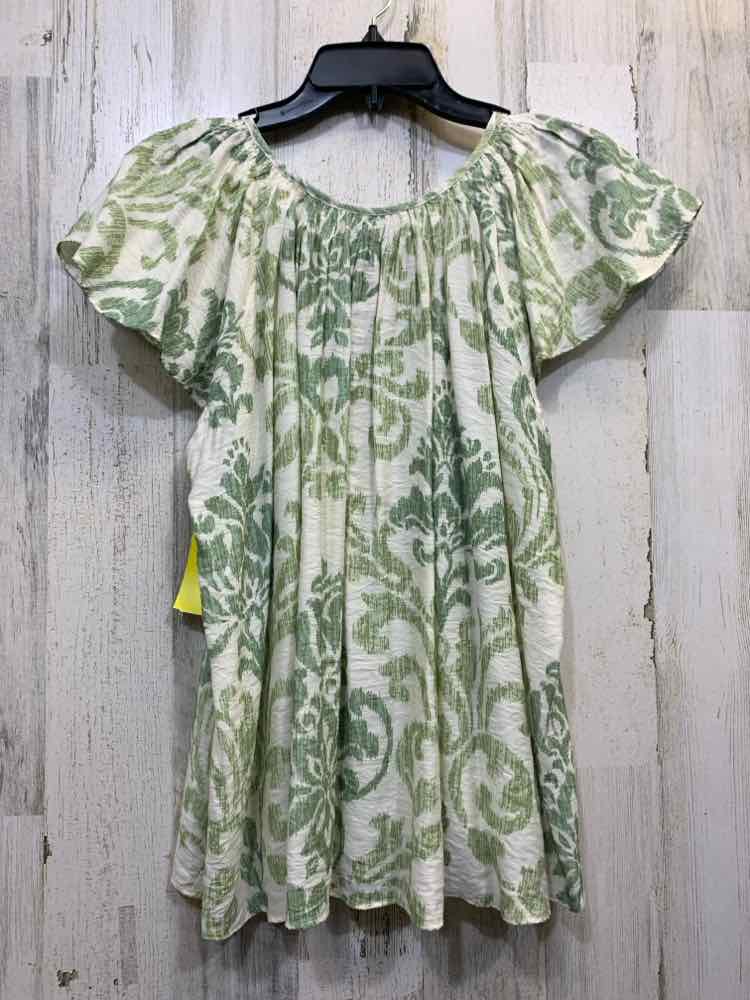NWT GIGIO Tops Size M GREEN/WHT IKAT SHORT SLEEVES Blouse/GATHERED SCOOP NECKLIN