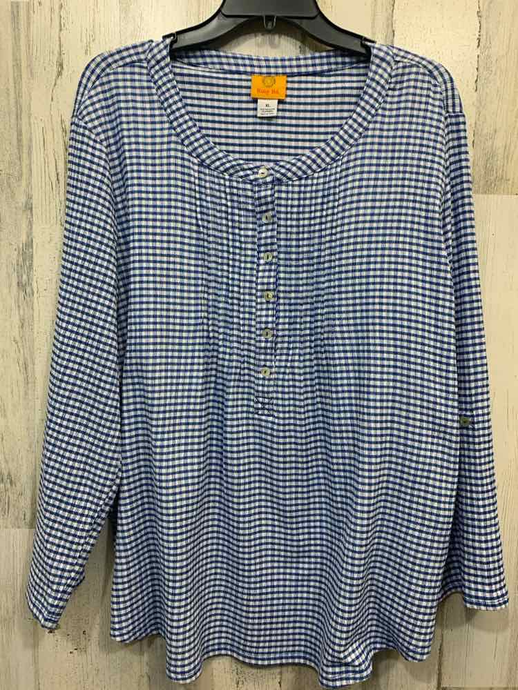 PRE-OWNED RUBY RED Tops Size XL BLUE/WHITE Plaid LONG SLEEVE TOP/HALF BUTTON CRE