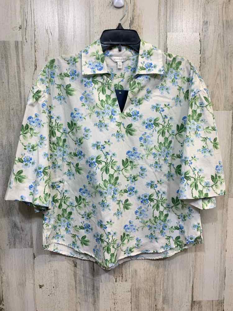 NWT CROWN & IVY Tops Size S WHITE/BLUE/GREEN Floral SHORT SLEEVES Blouse/FLORAL