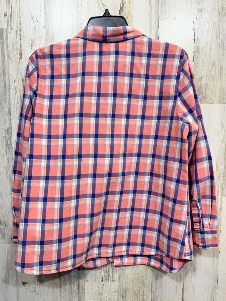 PRE-OWNED TALBOTS Size L Tops WHT/NVY/CORAL BUTTON UP Plaid LONG SLEEVES Shirt