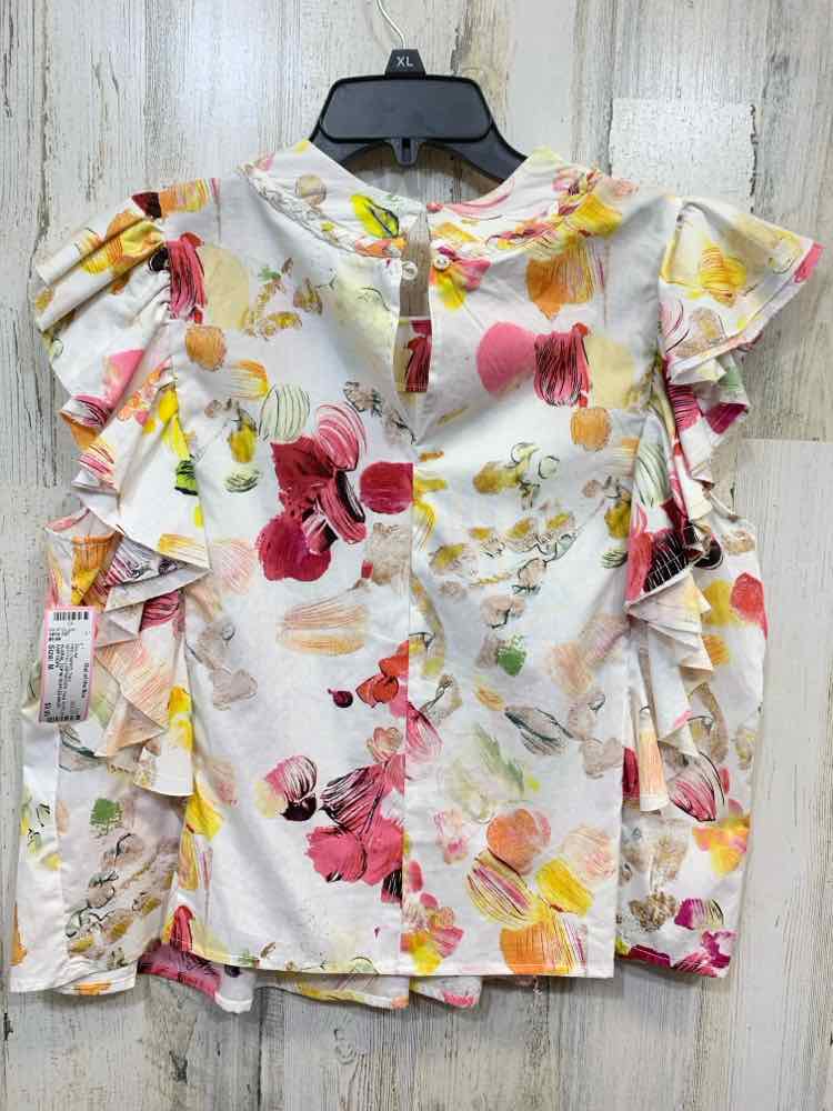 PRE-OWNED FAIR HOPE Tops Size M WHT/YELLW/PINK/GRN Floral RUFFLES Blouse/FLORAL
