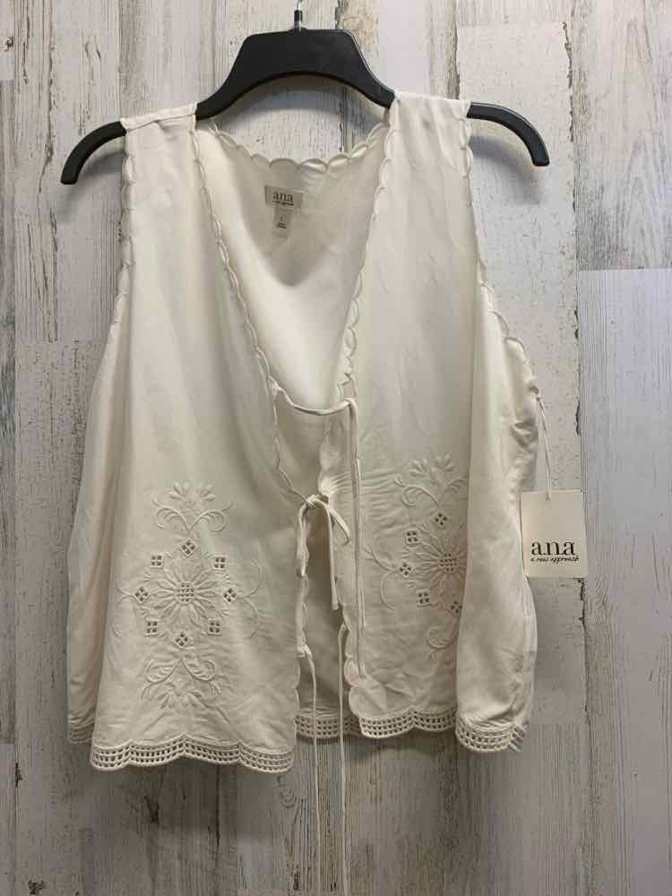 PRE-OWNED ANA Tops Size L Cream SCALLOPED TIES ON FRONT Blouse/SLEEVE CREAM TOP.