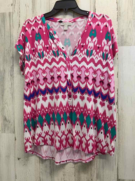 PRE-OWNED DANA BUCHMAN Tops Size L FUCHSIA/TEAL/WHITE/BLACK ABSTRACT Shirt/ABSTR