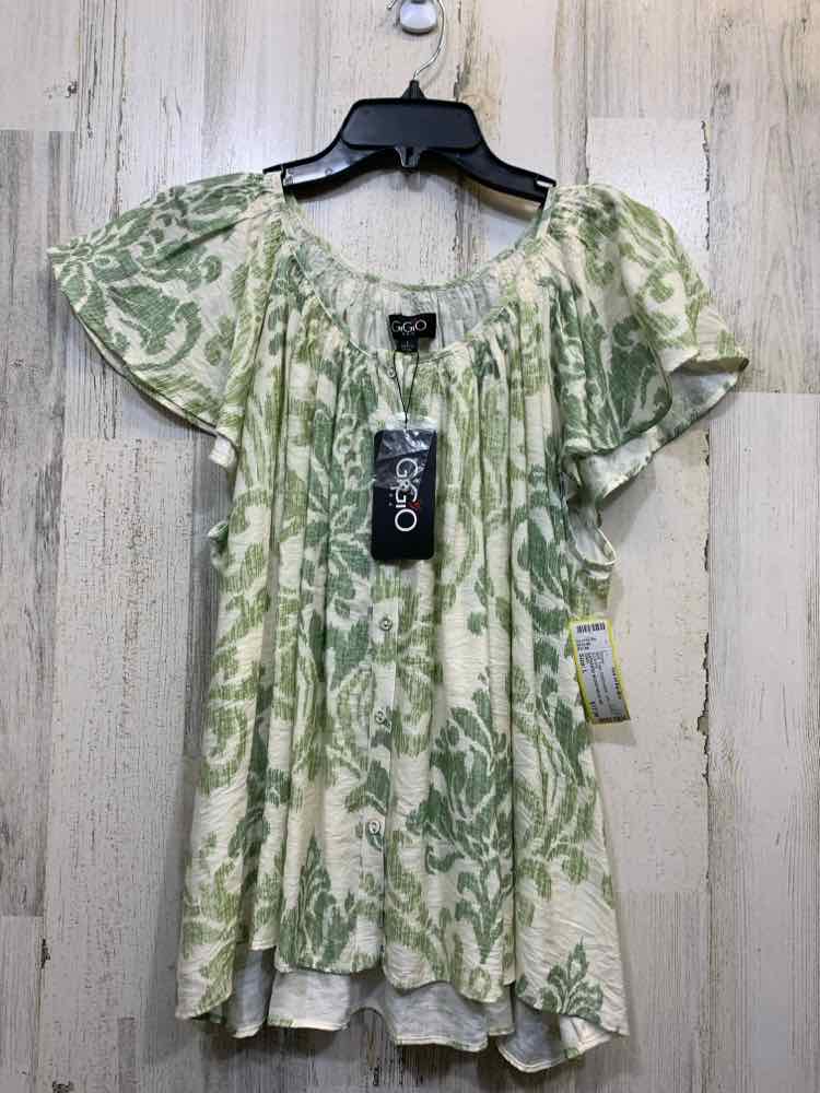 NWT GIGIO Tops Size M GREEN/WHT IKAT SHORT SLEEVES Blouse/GATHERED SCOOP NECKLIN