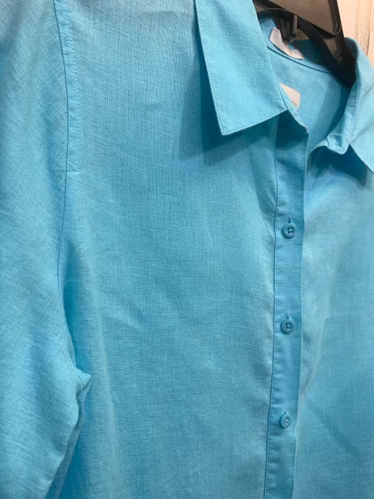 PRE-OWNED CHICO'S Tops Size 0 AQUA LINEN Solid BUTTON UP Shirt/AQUA BLUE LONG SL