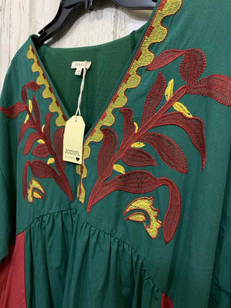 NWT JODIFL Size M Dresses CREAM/YELLOW/BURGUNDY EMBROIDERED BELL SLEEVES DRESS
