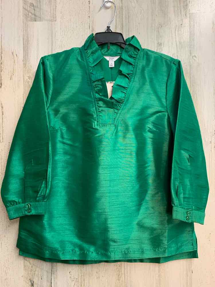 PRE-OWNED CROWN & IVY Tops Size S Green LONG SLEEVES TOP/RUFFLE NECKLINE