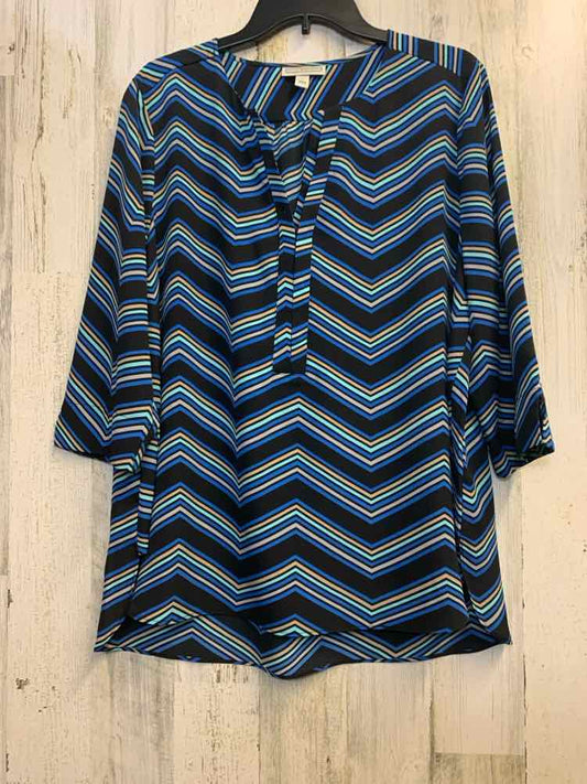 PRE-OWNED DANA BUCHMAN Tops Size XL BLK/AQUA/ROYAL/BGE DIAGONAL STRIPE TOP