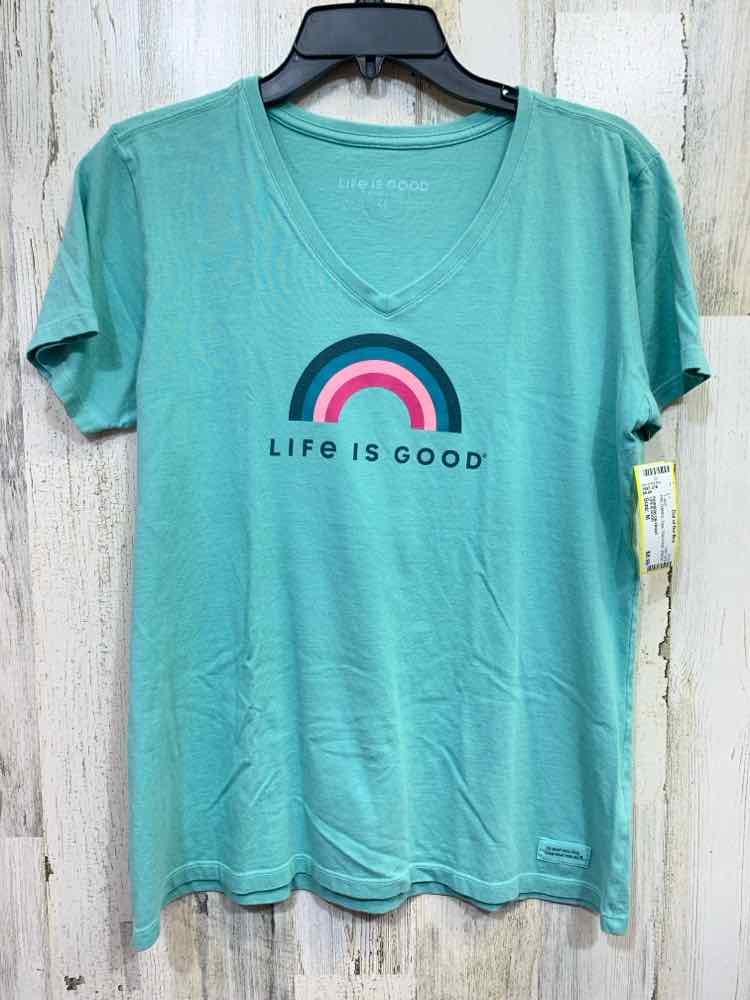 PRE-OWNED LIFE IS GOOD Tops Size M TEAL/PINK VNECK T-shirt/RAINBOW ON FRONT