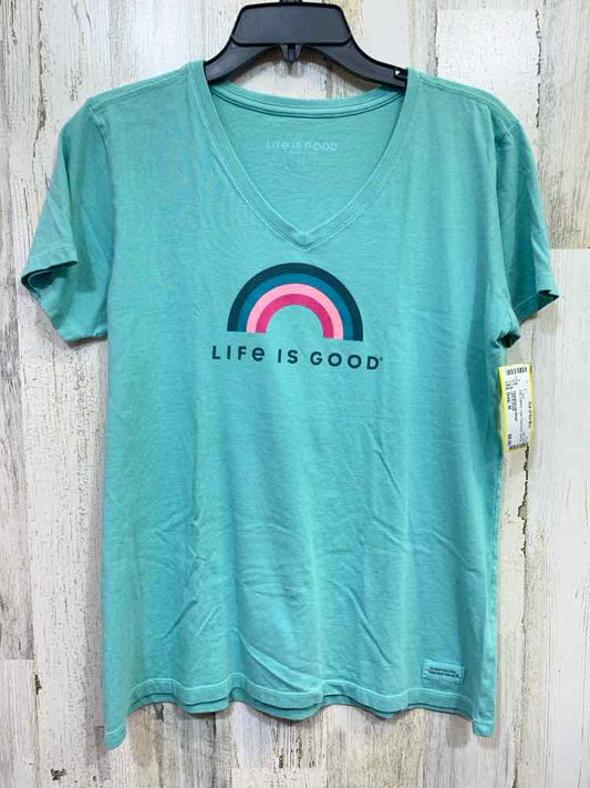 PRE-OWNED LIFE IS GOOD Tops Size M TEAL/PINK VNECK T-shirt/RAINBOW ON FRONT