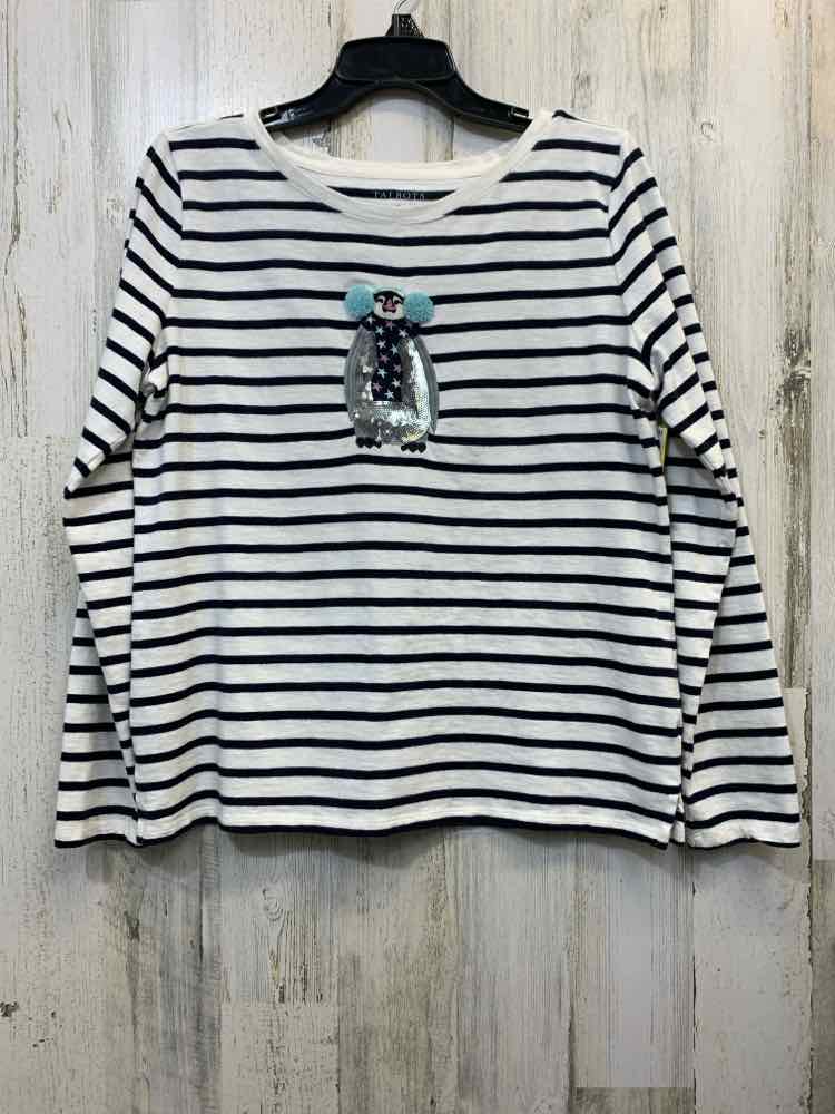 PRE-OWNED TALBOTS Tops Size M WHITE/NAVY PENGUIN LONG SLEEVES TOP/WHITE/NAVY STR