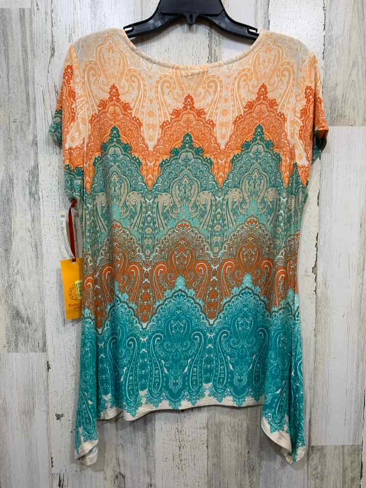 NWT RUBY RD Tops Size PL ORANGE/TEAL/WHITE Paisley SHORT SLEEVES Shirt/PAISLEY/V