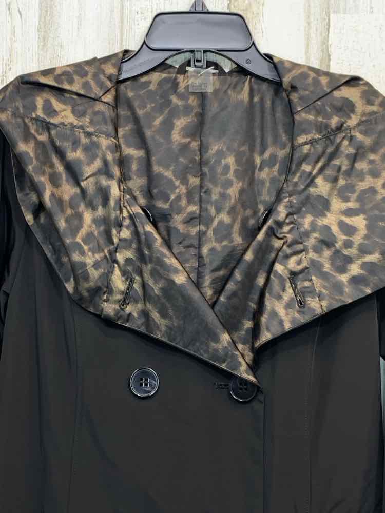 NWT JONES NY LONG BLACK TRENCH COAT W/ LEOPARD COLLAR TRIM