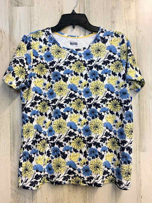 PRE-OWNED BASIC EDITIONS Tops Size M WHT/BLU/YLW Floral SHORT SLEEVES TOP