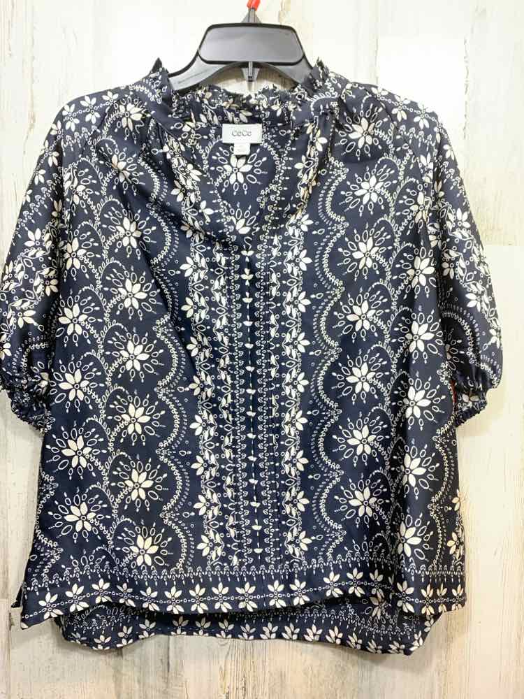 NWT CE CE Tops Size PXL BLU/WHITE Floral SHORT SLEEVES TOP/V NECK PUFF SLEEVE