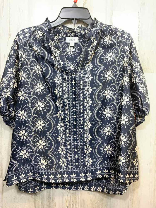NWT CE CE Tops Size PXL BLU/WHITE Floral SHORT SLEEVES TOP/V NECK PUFF SLEEVE