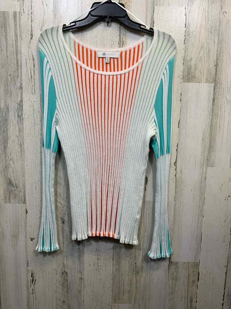 PRE-OWNED FEVER Tops Size XL WHITE/AQUA/PEACH TIE DIE LONG SLEEVE TOP/RIBBED CRE