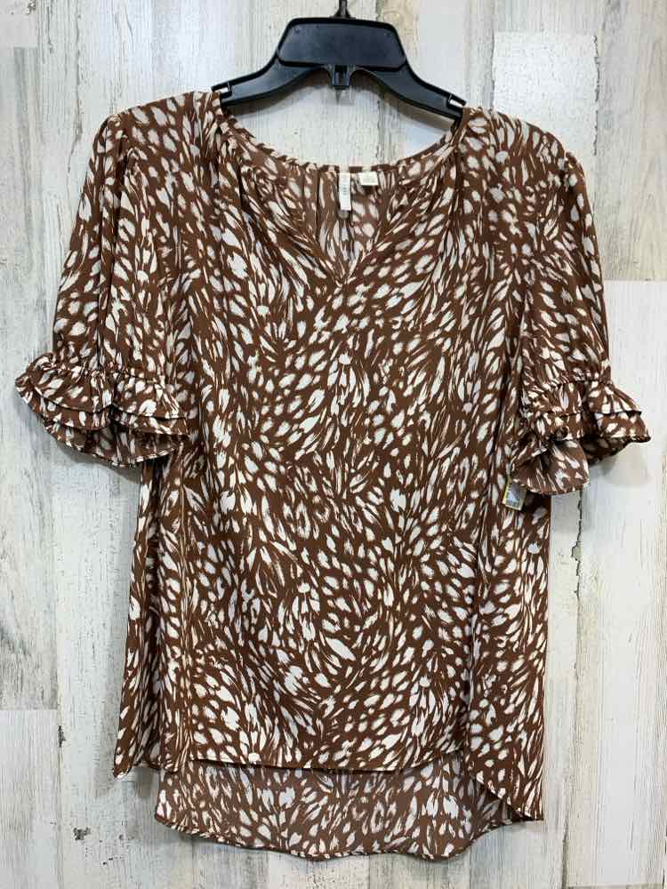 PRE-OWNED EST 1946 Tops Size L WHT/BRN Animal Print SHORT SLEEVES Blouse
