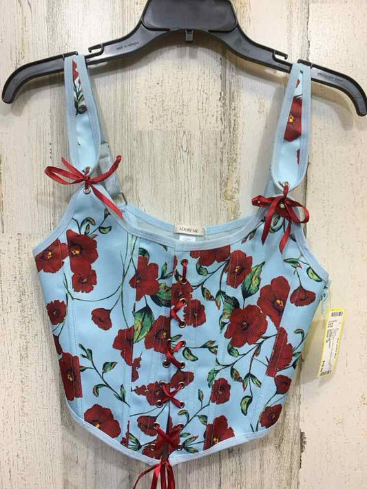 NWT ADORE ME Tops Size M LIGHT BLU/RED Floral CORSET Blouse/FLORAL CORSET