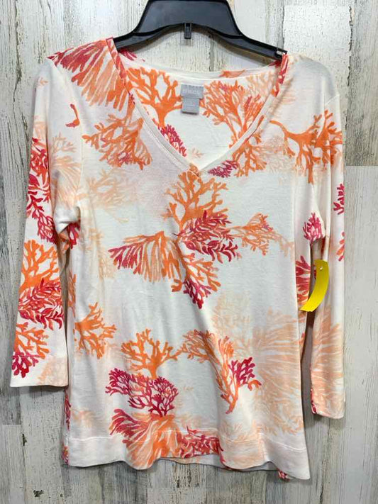PRE-OWNED CHICO'S/CORAL PRINT 3/4 SLEEVE V-NECK TEE