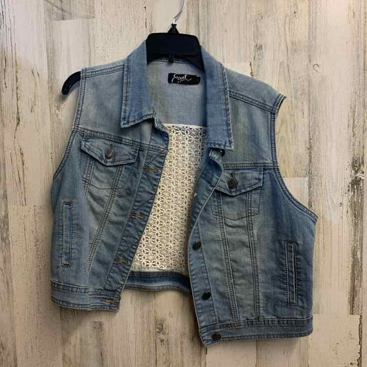 PRE-OWNED EARL JEAN Tops Size L LIGHT BLU Vest/JEAN VEST W/CROCHET WORK ON BACK