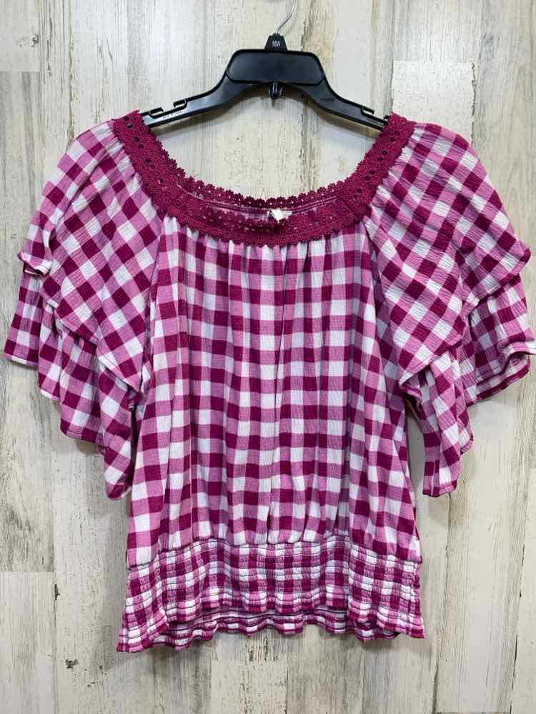 PRE-OWNED EST 1946 Tops Size XL WHT/PLUM Checkered SHORT SLEEVES/LACE TRI Blouse