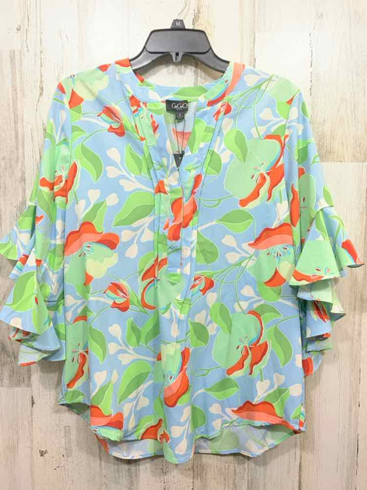 NWT GIGIO Tops Size S BLU/GRN/ORNG Floral 3/4 SLEEVE/PLEATED V NECK Blouse
