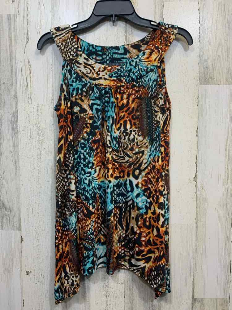 PRE-OWNED SNAP Tops Size L BRN/AQUA MULTI-PATTERN SLEEVELESS TOP
