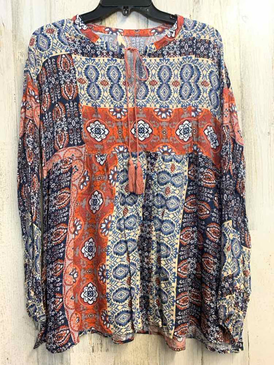 PRE-OWNED MYSTREE Tops Size M RED/BLU/CRM MULTI-PATTERN LONG SLEEVES TOP
