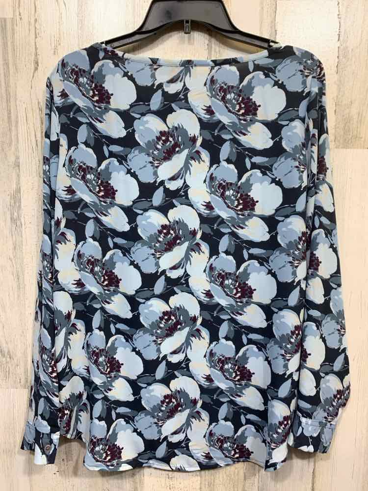 PRE-OWNED LOFT Size M Tops BLK/BGE/BLU BOAT NECK Floral LONG SLEEVE BLOUSE