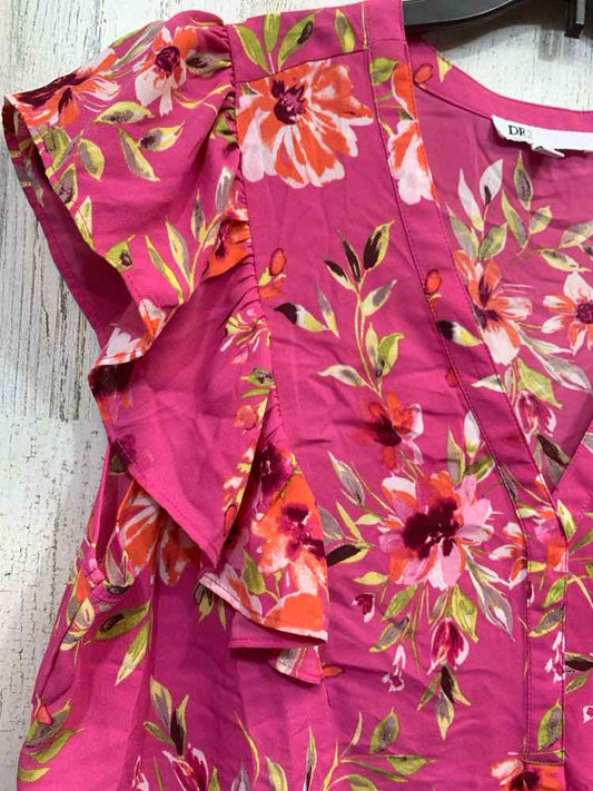 PRE-OWNED DR2 Tops Size XXL PNK/GRN Floral RUFFLE SLEEVE Blouse/V NECK