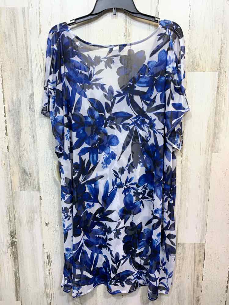 PRE-OWNED CATHERINE Size 1X BLU/BLK/WHT polyester Floral FLOWY Blouse/V NECK SHE