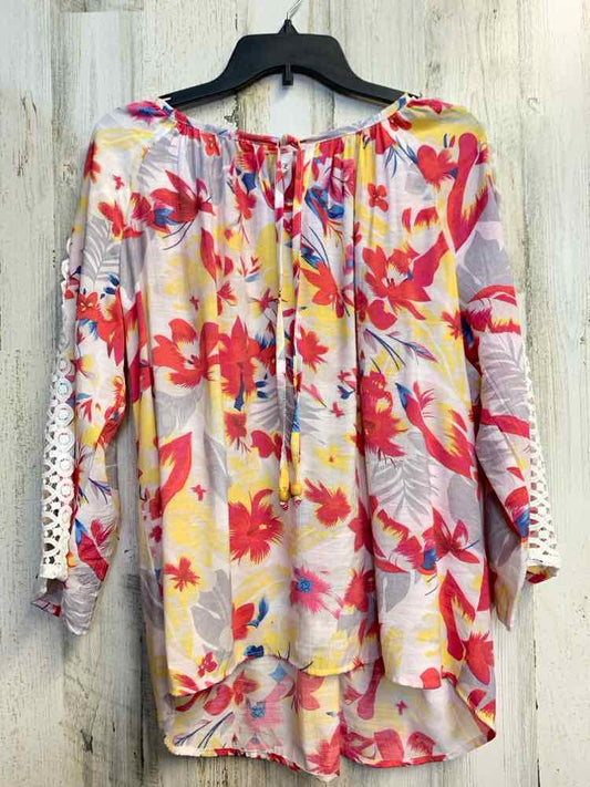 NY COLLECTION Tops Size L HT PINK/WHT/YEL TROPICAL FLORAL 3/4 LENGTH TOP